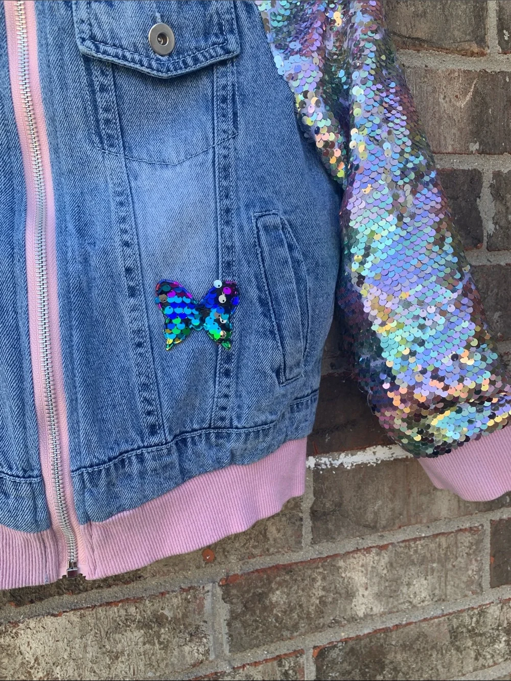 Take 50% OFF- Sequin-Sleeve Denim Bomber Jacket with Butterfly Accents, Sz-3XL